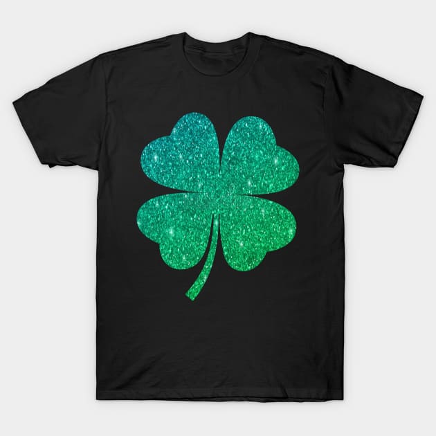 St Patricks Day, Ombre Green Faux Glitter 4 Leaf Clover T-Shirt by Felicity-K